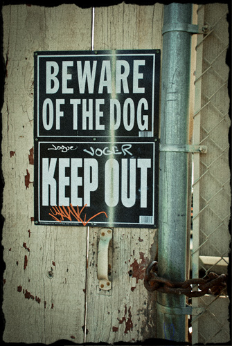 Beware of Dog and Keep Out sign with graffiti on it.