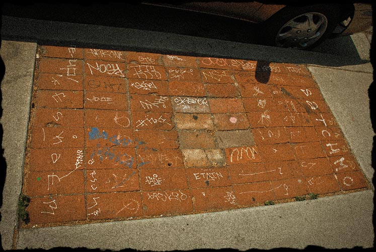 A section of the sidewalk lined with bricks that have graffiti on each brick.