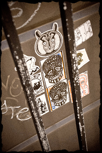 Stickers on a dumpster